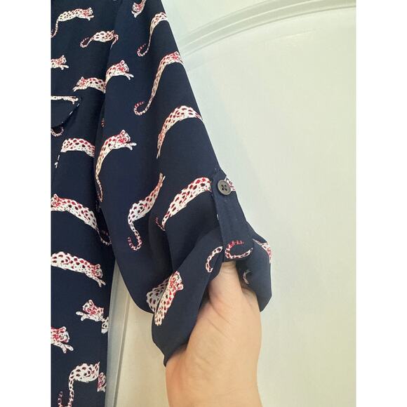 Loft Sheer Navy Collar Button Down Leopard Cat Novelty Print Blouse - Picture 7 of 8